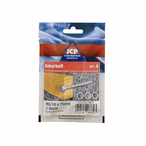 JCP Fixings Hexagon Head Ankerbolts, Bright Zinc Plated Silver, 8 x 100 mm (Box of 20)