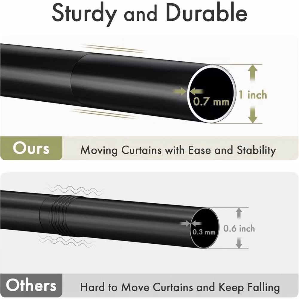 FLAVORA Heavy Duty Extendable Curtain Pole in Black, Stainless Steel, Width: 260-310 cm – 4