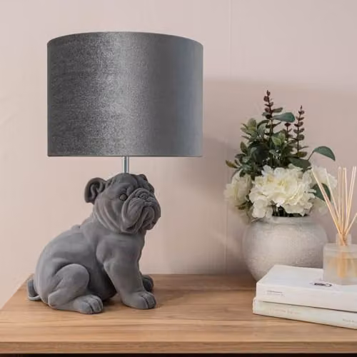 ValueLights Grey Velvet Bulldog Table Lamp with Drum Lampshade and 4W LED E27 Warm White Bulb – 2