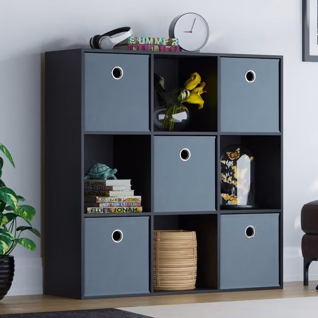 Vida Designs Durham 9 Cube Storage Unit with 5 Grey Baskets and Back Panel in Black