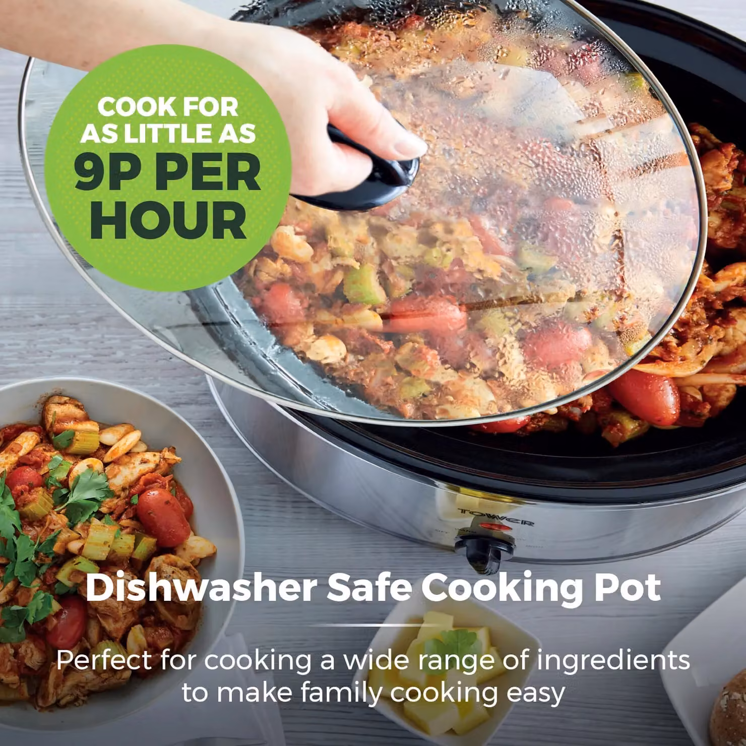 Tower Slow Cooker in Silver with 6.5L Capacity, 3 Heat Settings and Dishwasher Safe Parts – 5