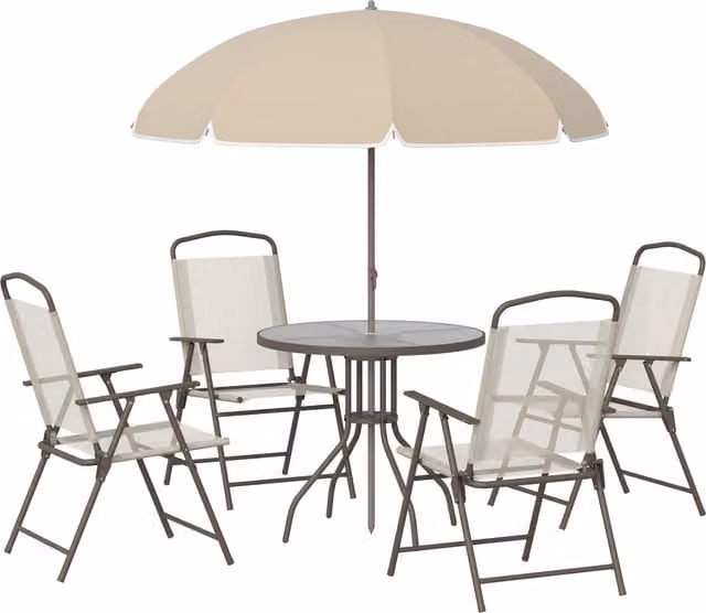 Outsunny 6-Piece Garden Bistro Set with Round Glass Table and Folding Chairs in Beige – 1