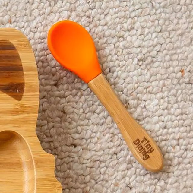 Tiny Dining Children's Bamboo Spoons with Silicone Tips, Orange, Pack of 2, 14 cm