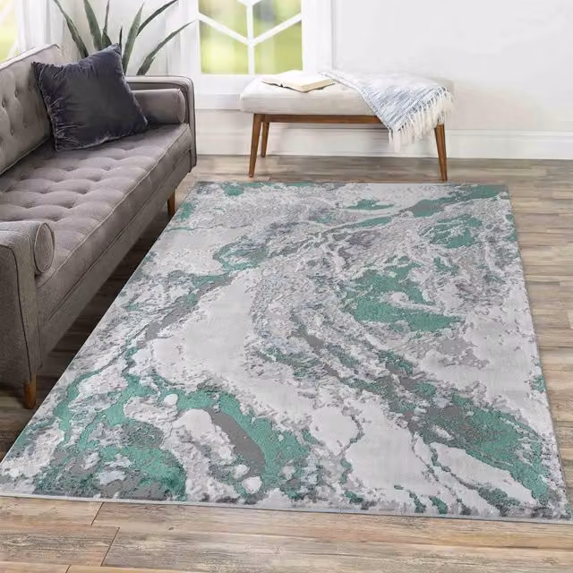Modern Emperor Thick Abstract Area Rug in Picasso Aqua Multicolour, Width: 120 cm