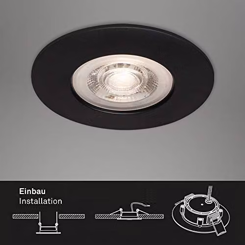 Briloner Black Matte LED Recessed Downlight Set of 3, Warm White, IP44, D/H: 9.0 x 2.5 cm – 3
