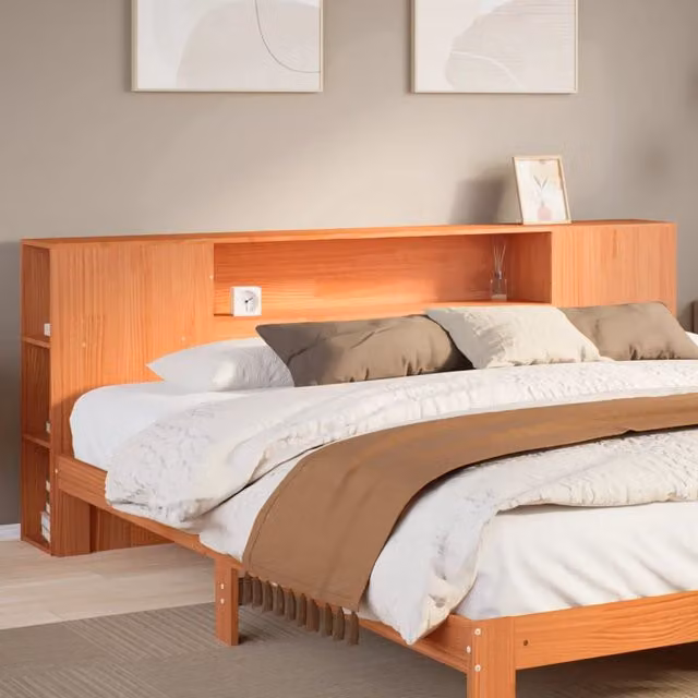 Berkfield Home Rustic Solid Wood Pine Headboard with Integrated Nightstands and Storage in Wax Brown, 200 cm