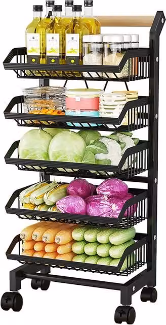 Livingandhome 5-Tier Black Metal Kitchen Trolley with Adjustable Shelves