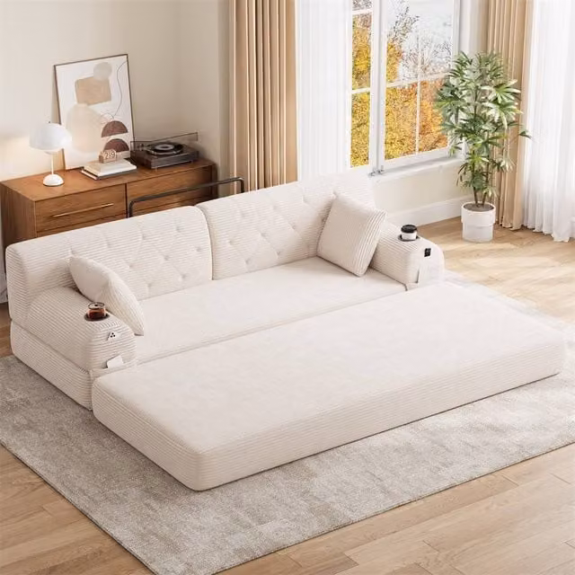 Direct Wicker 3-Seater Corduroy Upholstered Sofa Bed with Cup Holders in Beige