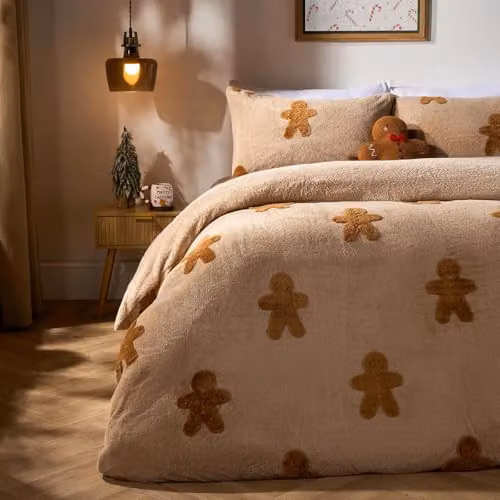 OHS Gingerbread Man Tufted Teddy Fleece Duvet Cover and Pillowcase Set, Beige, W/D/H: 135 x 200 cm and 50 x 75 cm