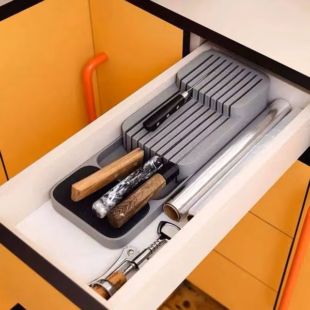 Livingandhome 9 Slot Compact In-Drawer Kitchen Knife Organiser Tray, Grey