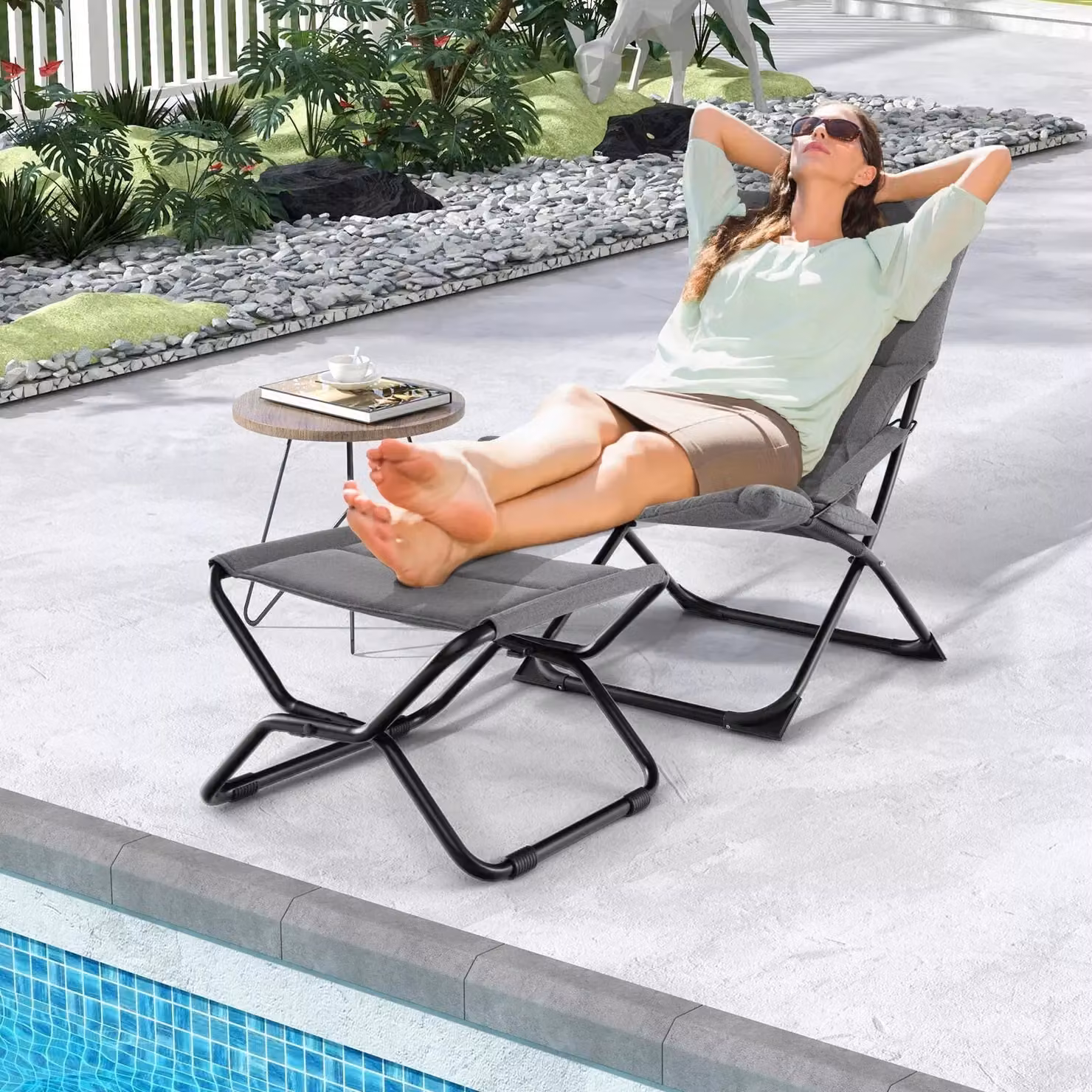 Costway Grey Folding Sling Patio Lounge Chair with Footrest and Armrests – 3