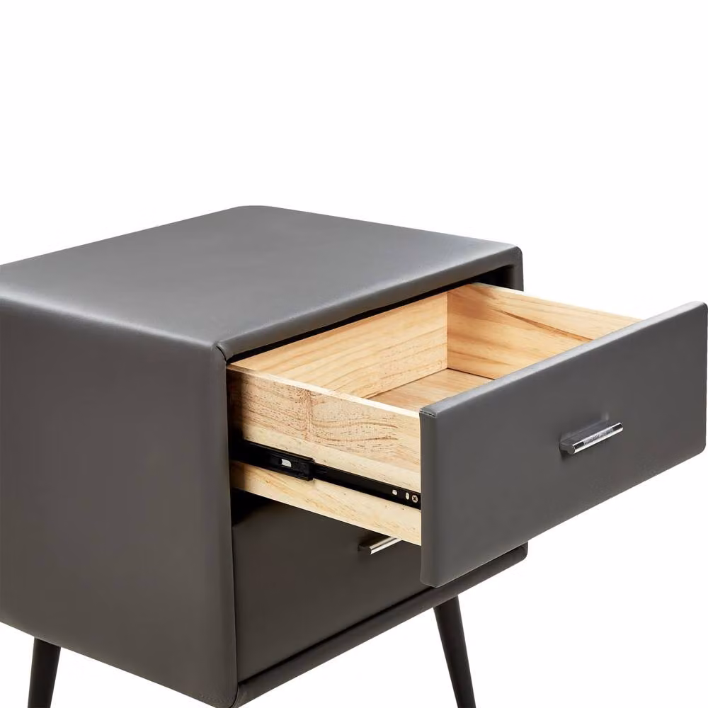 Wyld and Coco Grey Faux Leather 2 Drawer Bedside Table Nightstand – 4