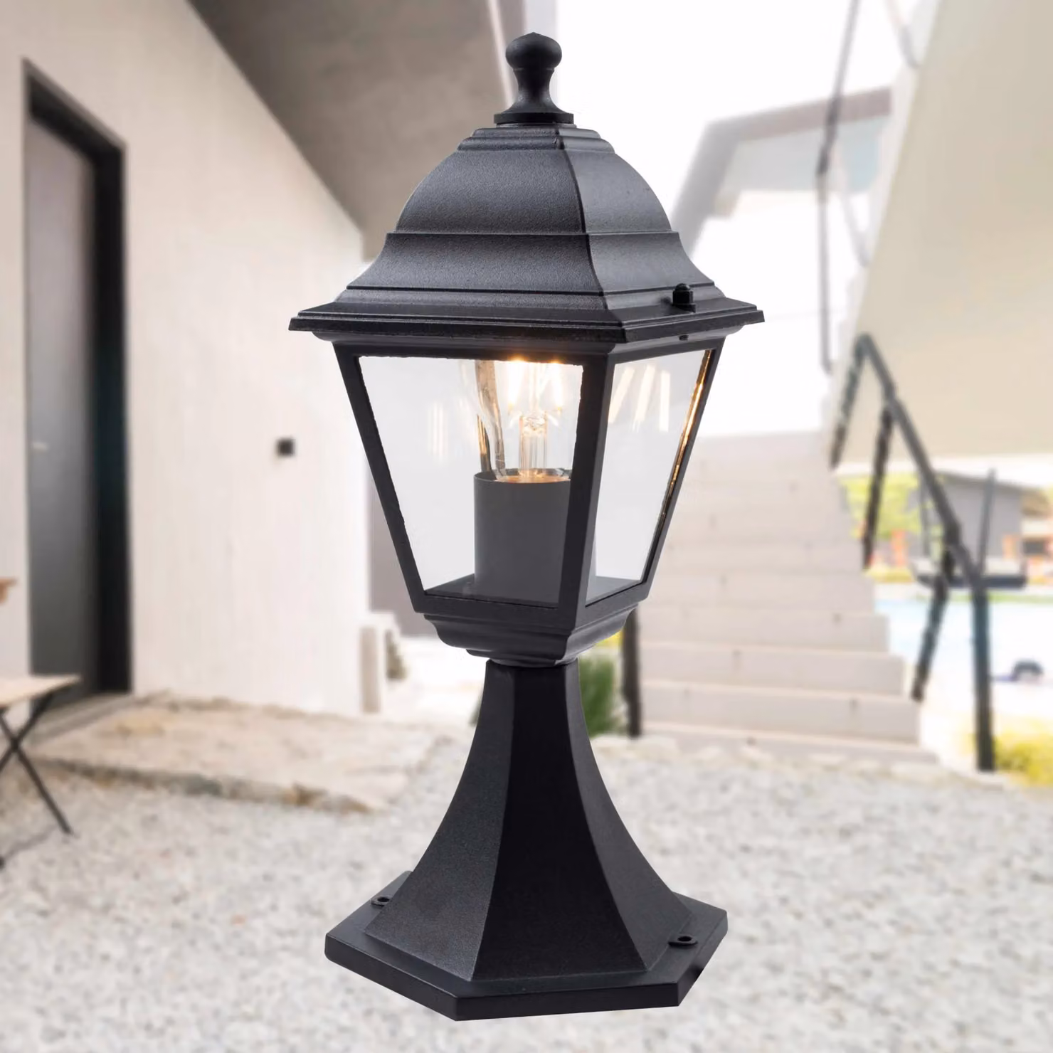 First Choice Lighting Cambridge Black and Transparent Glass Four Sided IP44 Outdoor Post Lantern – 4