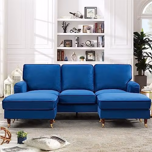 Artemis Home Woodbury U-Shaped Blue Velvet Fabric Corner Sofa with Matching Ottoman, Width: 218 cm