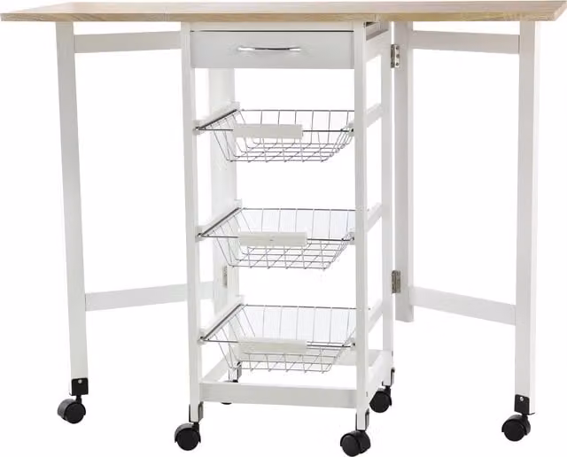 HOMCOM Drop-Leaf Kitchen Trolley with 3 Baskets and Rolling Storage Unit in White Oak Tone