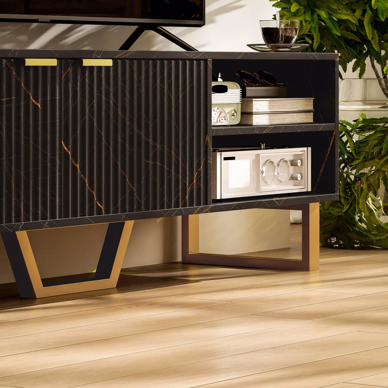 HOMCOM Modern Marble Effect TV Unit in Black and Gold with Fluted Doors and Storage Shelves, W: 140.0 cm, H: 47.0 cm, D: 20.7 cm – 9