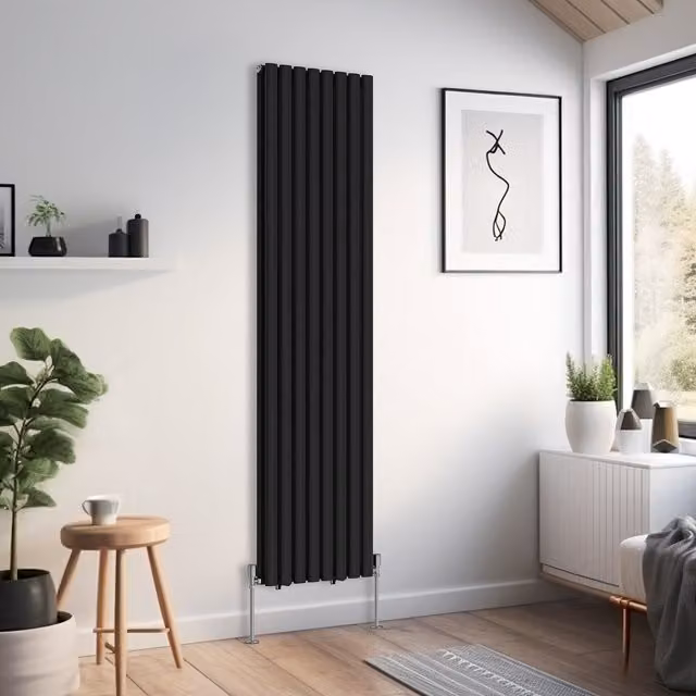 Right Radiators Oval Double Panel Vertical Radiator in Black, Height: 180 cm, Width: 47.2 cm