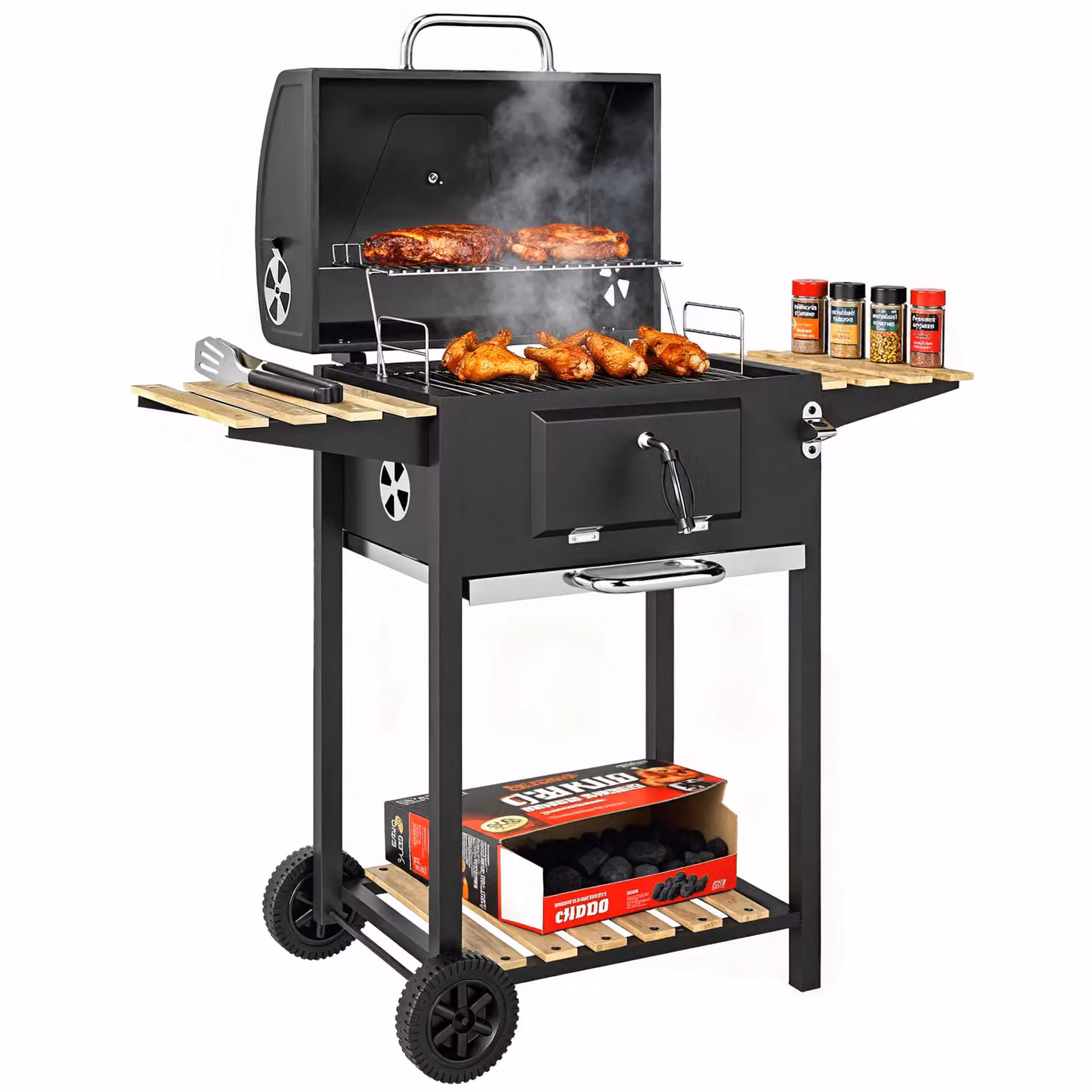 OUTSUNNY Charcoal BBQ Grill with Warming Rack, Temperature Gauge and 3 Shelves, Black, W/D/H: 112 x 58 x 107 cm – 2