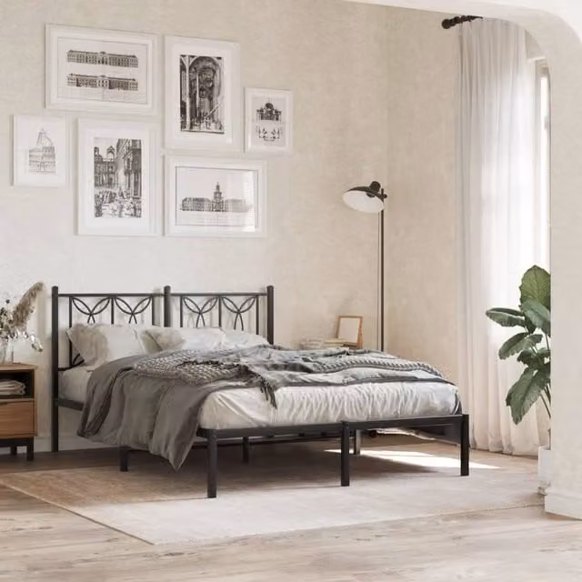 Berkfield Home Metal Bed Frame with Headboard, Black, W: 140 cm, L: 190 cm
