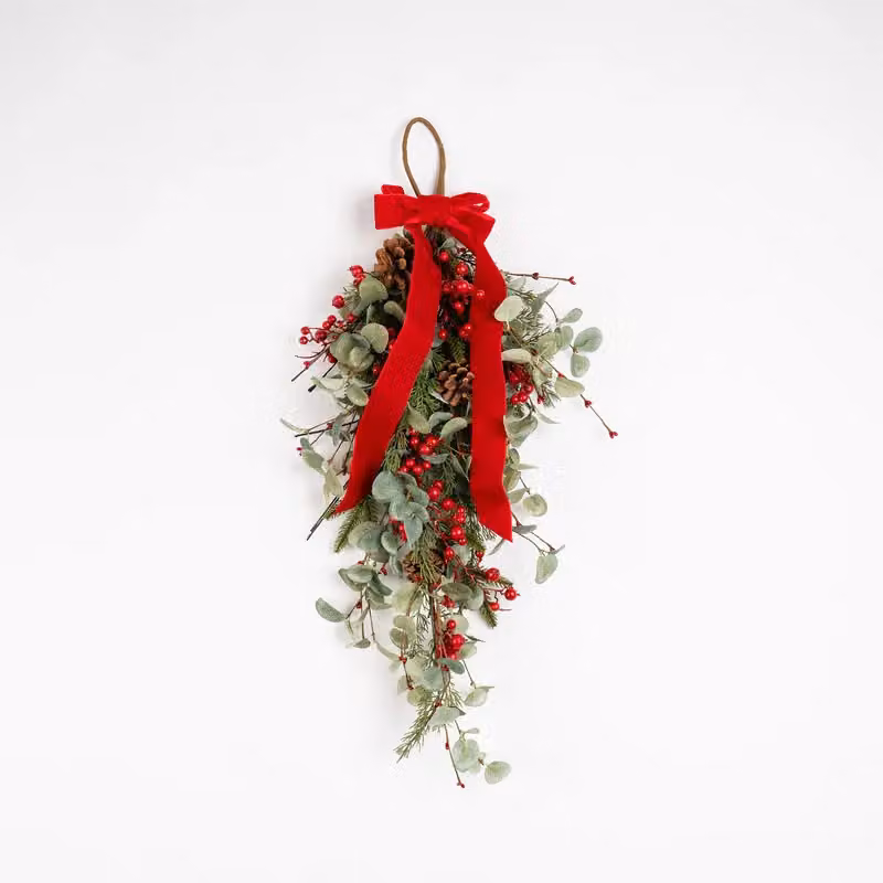 Scottish Everlastings Ltd Red Berry and Eucalyptus Teardrop Wreath Swag, 55 cm – 2