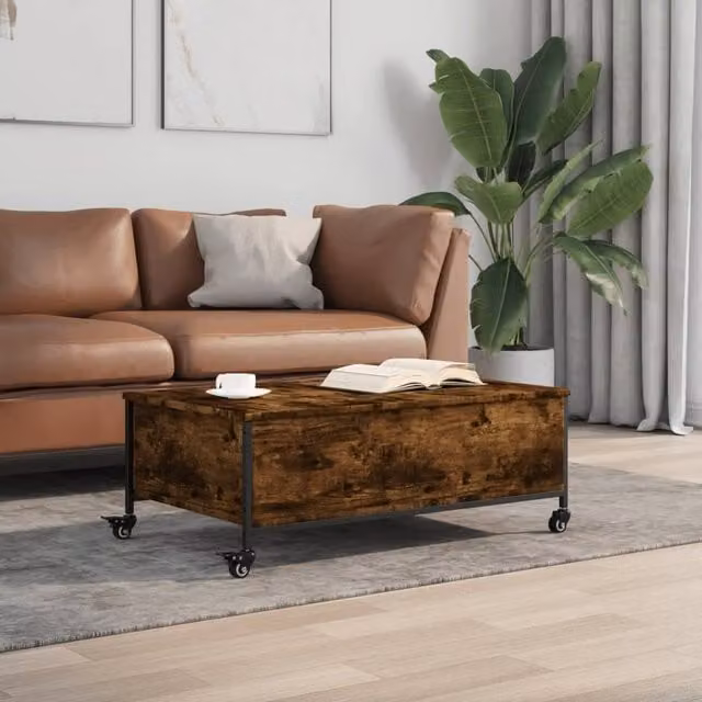 Berkfield Home Decorative Coffee Table with Castors in Smoked Oak Brown, W: 91 cm, D: 55 cm, H: 34 cm