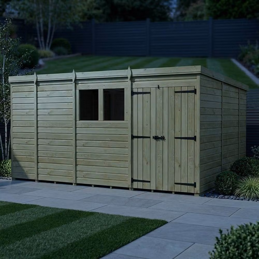 Buttercup Farm Brown Timber Pent Garden Shed with Double Doors and Windows, W: 305 cm, D: 305 cm, H: 210 cm – 3