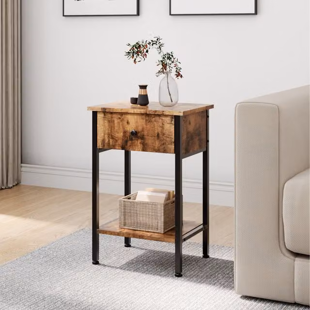 Komore Modern Bedside Table with Drawer in Brown and Black