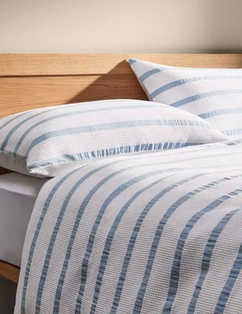 M&S Blue Mix Striped Waffle Cotton Duvet Cover and Pillowcase Set, W: 140 cm, L: 200 cm