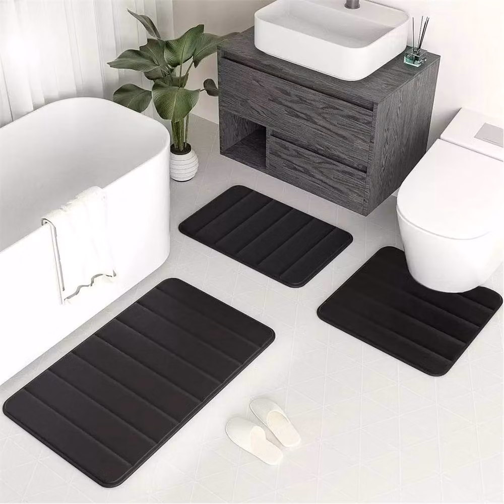 FLAVORA Black 3-Piece Non-Slip Absorbent Memory Foam Bath Mat Set – 3