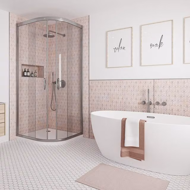 Wetwall Alloy Stella Rosa Pink Glossy Geometric Tile-Look Shower Wall Panel, Width: 90 cm