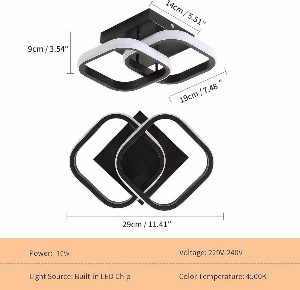 Goeco Modern Square LED Ceiling Light, 22W, 4500K, Black – 4