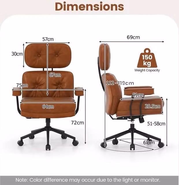 FORGEVIO Mid-Century Executive Office Chair in Brown with Synthetic Leather Upholstery and Headrest – 1