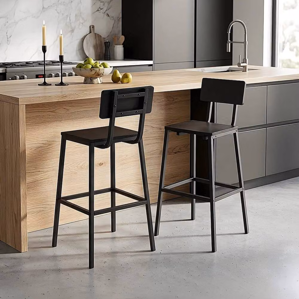 KORVIXA Set of 2 Black Wooden Breakfast Bar Stools with Backs – 4