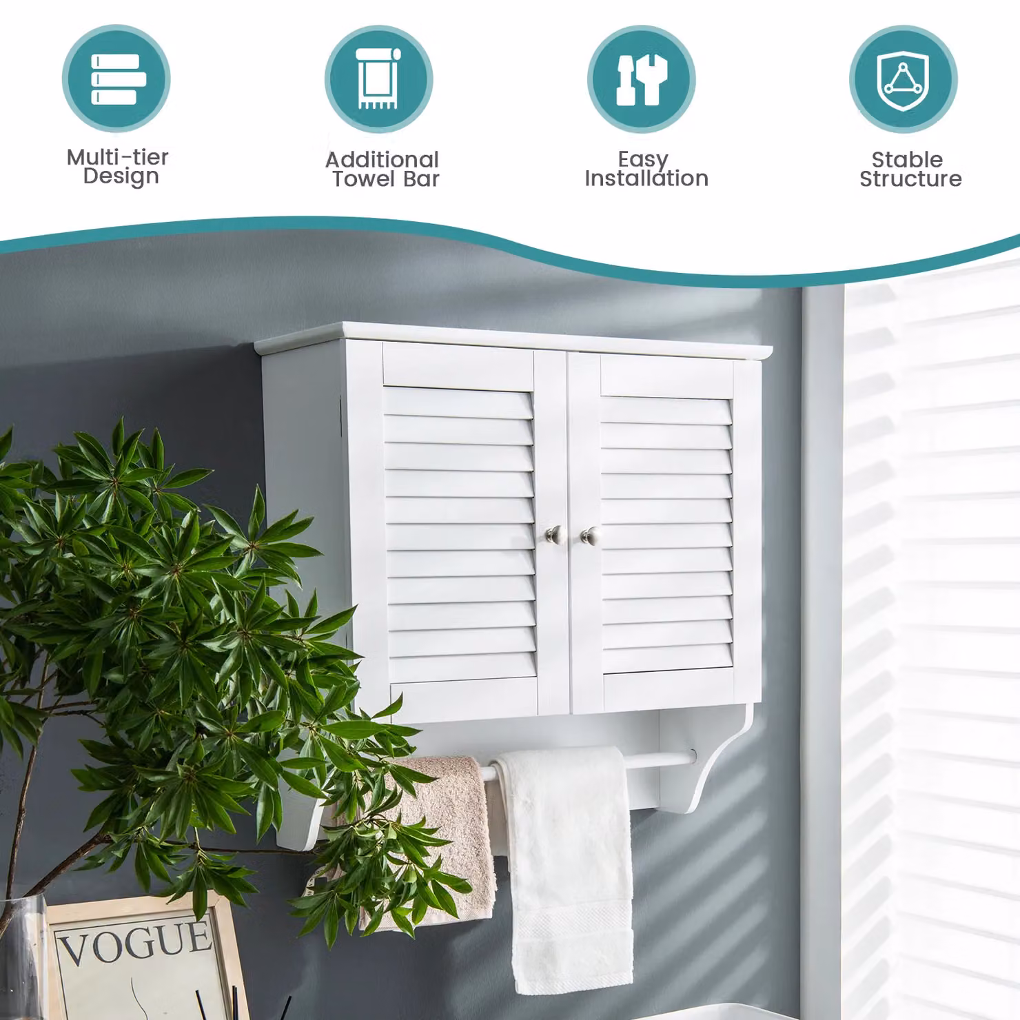 Gymax White Wall Mounted Bathroom Medicine Cabinet with Double Louvered Hinged Doors and Internal Shelves – 4