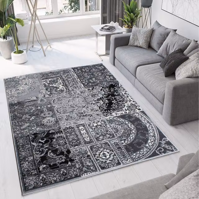 The Rug House Black and Grey Monochrome Traditional Patchwork Living Room Rug, W: 110 cm, D: 60 cm
