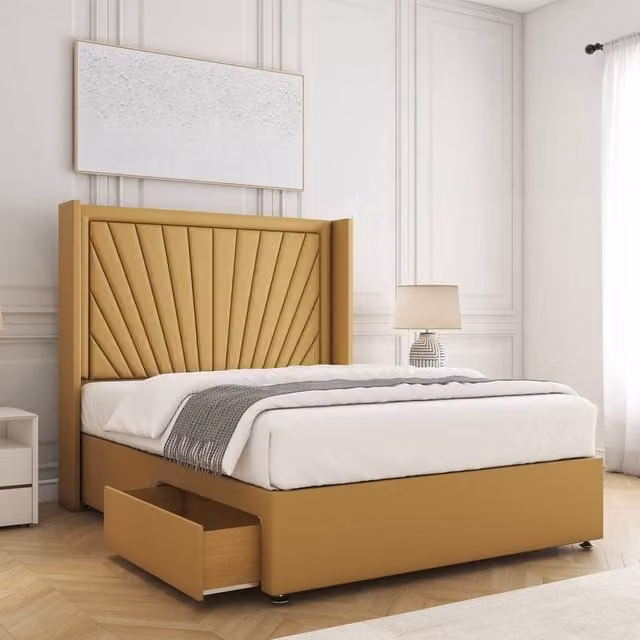 BSSPOKE Alina Super King Divan Bed with 54 inch Headboard and 2 Drawers in Mustard Yellow Plush Velvet