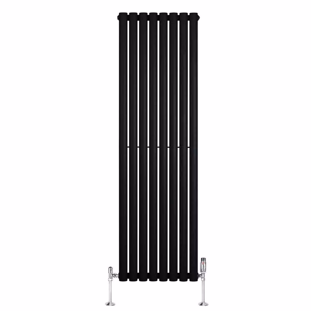 Monstershop Oval Single Column Steel Radiator and Valves with Thermostat Head, Black, H: 160 cm x W: 48 cm – 2