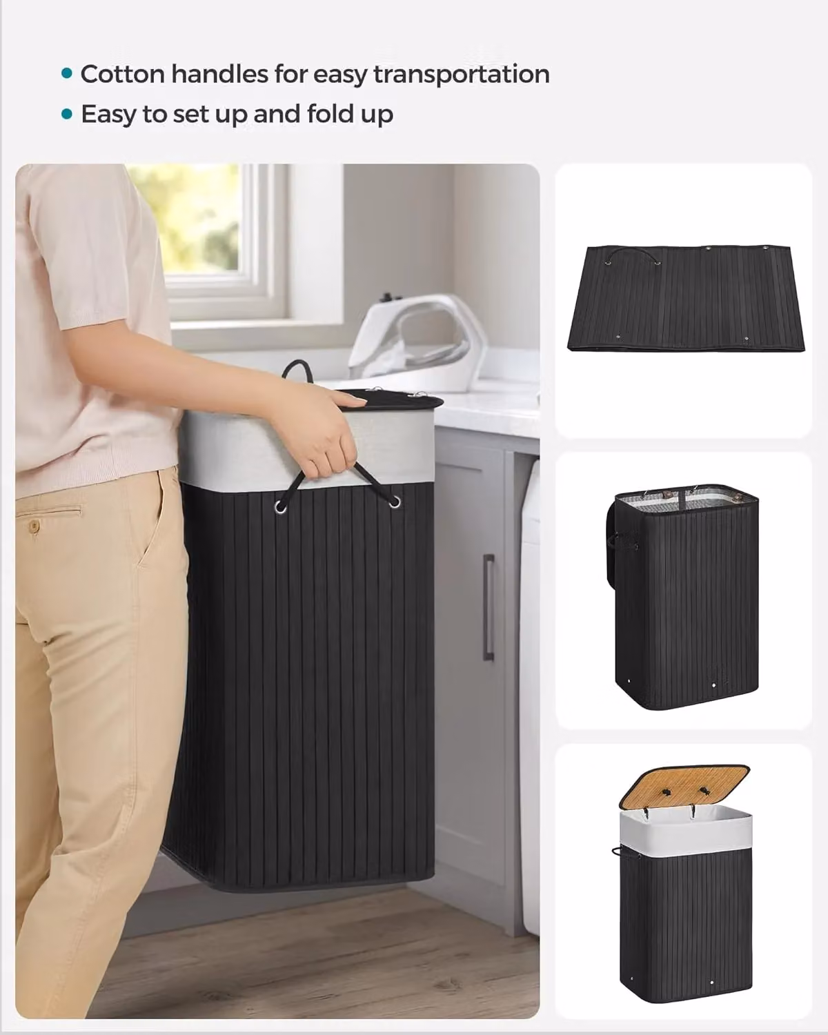 SONGMICS Medium Bamboo Foldable Laundry Basket with Lid and Removable Washable Bag, Black, W/D/H: 40 x 60 x 72 cm – 4