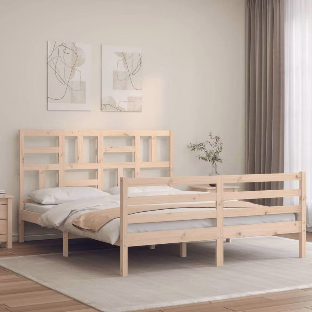Berkfield Home Beautiful Bed Frame with Headboard in Beige Solid Pine Wood W/D/H: 160 x 200 x 104 cm – 2