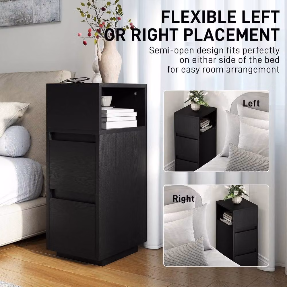 EONLION Slim Black Bedside Table with Open Shelf and 2 Drawers – 3