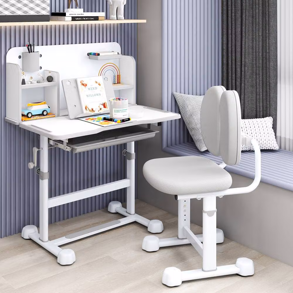 Gymax Height-Adjustable Tilting Study Desk and Chair Set for Children in Grey – 3