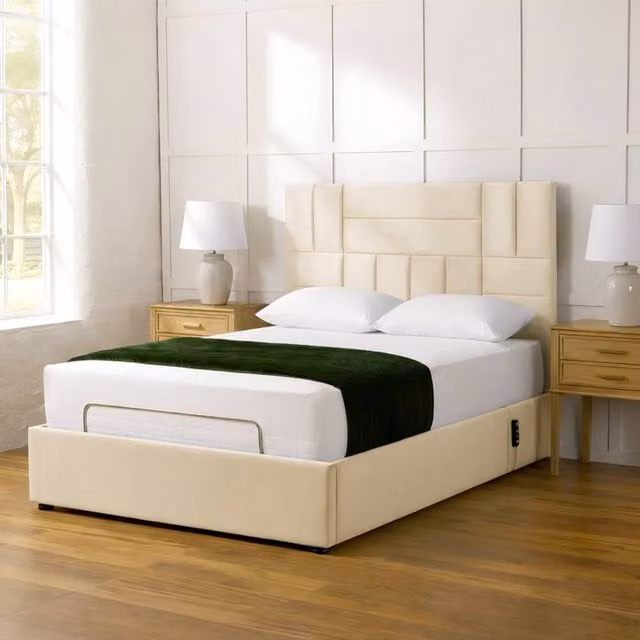 Paradise Beds Ltd Electric Adjustable Mobility Bed with Headboard and Spring Mattress in Beige, W/D/H: 90 x 200 cm