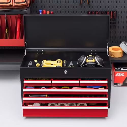 HOMCOM 6 Drawer Metal Tool Chest with Lockable Top Case in Red, W/D/H: 60.0 x 26.0 x 34.0 cm – 7