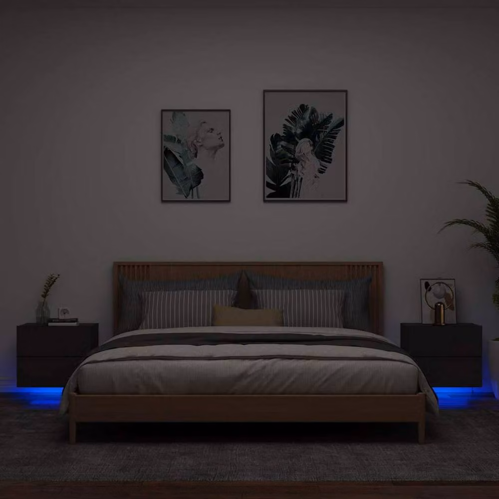 Berkfield Home Set of 2 Black Wall-mounted Bedside Cabinets with Integrated LED Lighting – 2