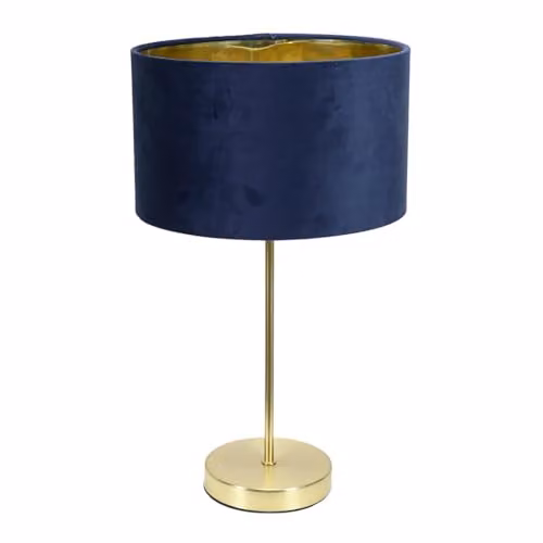 ValueLights Charlie Gold Stem Table Lamp with Blue Fabric Drum Shade and Gold Inner Shade including Warm White Bulb, H 43 cm x W 25 cm x D 25 cm – 1