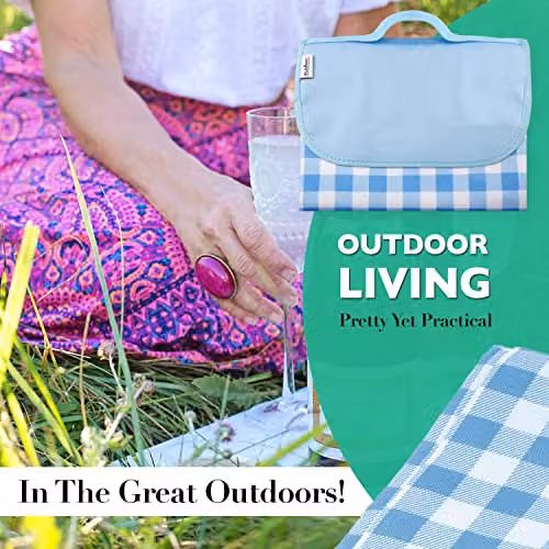VFM e-Store Blue Oxford Waterproof Gingham Picnic Blanket with Carry Handle – 4