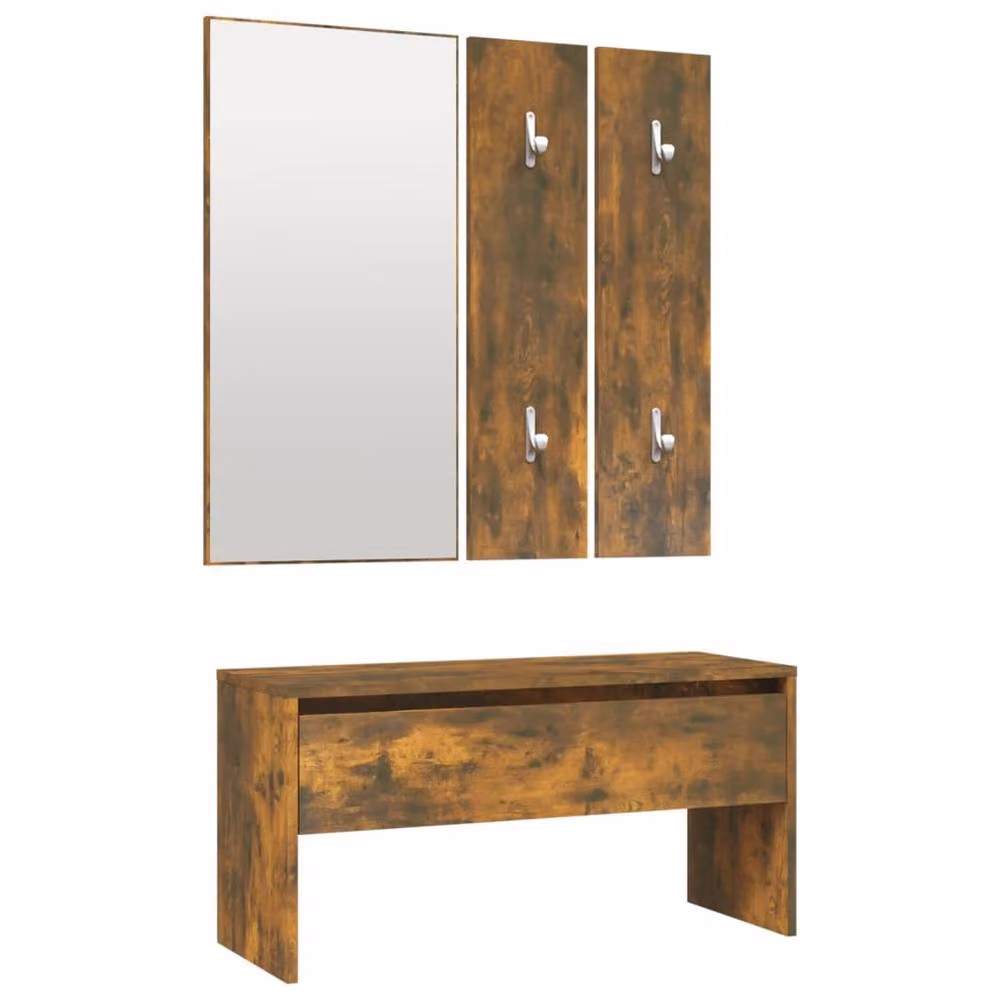 Berkfield Home Hallway Furniture Set in Smoked Oak Brown, including Bench, Mirror and Wall Rack – 3