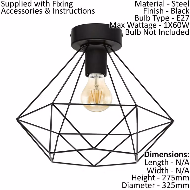 Loops Black Geometric Wire Cage Shade Low Ceiling Light and 2x Matching Wall Lights