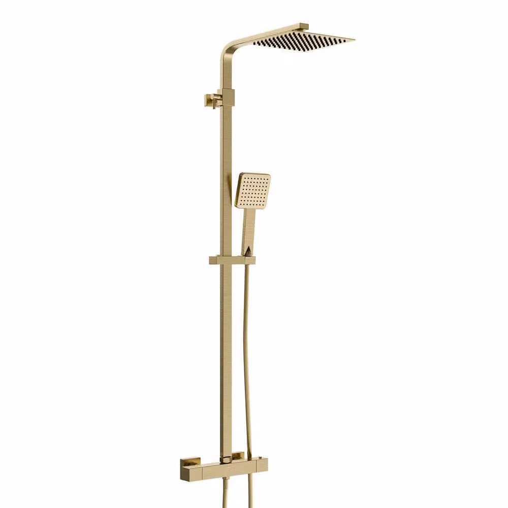 Nes Home Brushed Brass Square Exposed Thermostatic Shower Kit in Metallic Gold with Rain Overhead Shower and Hand Shower – 3