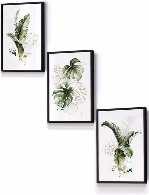 ARTZE Botanical Leaves Framed Wall Art, Green and Gold Floral Illustration in Black, W: 33 cm, H: 45 cm, D: 2 cm